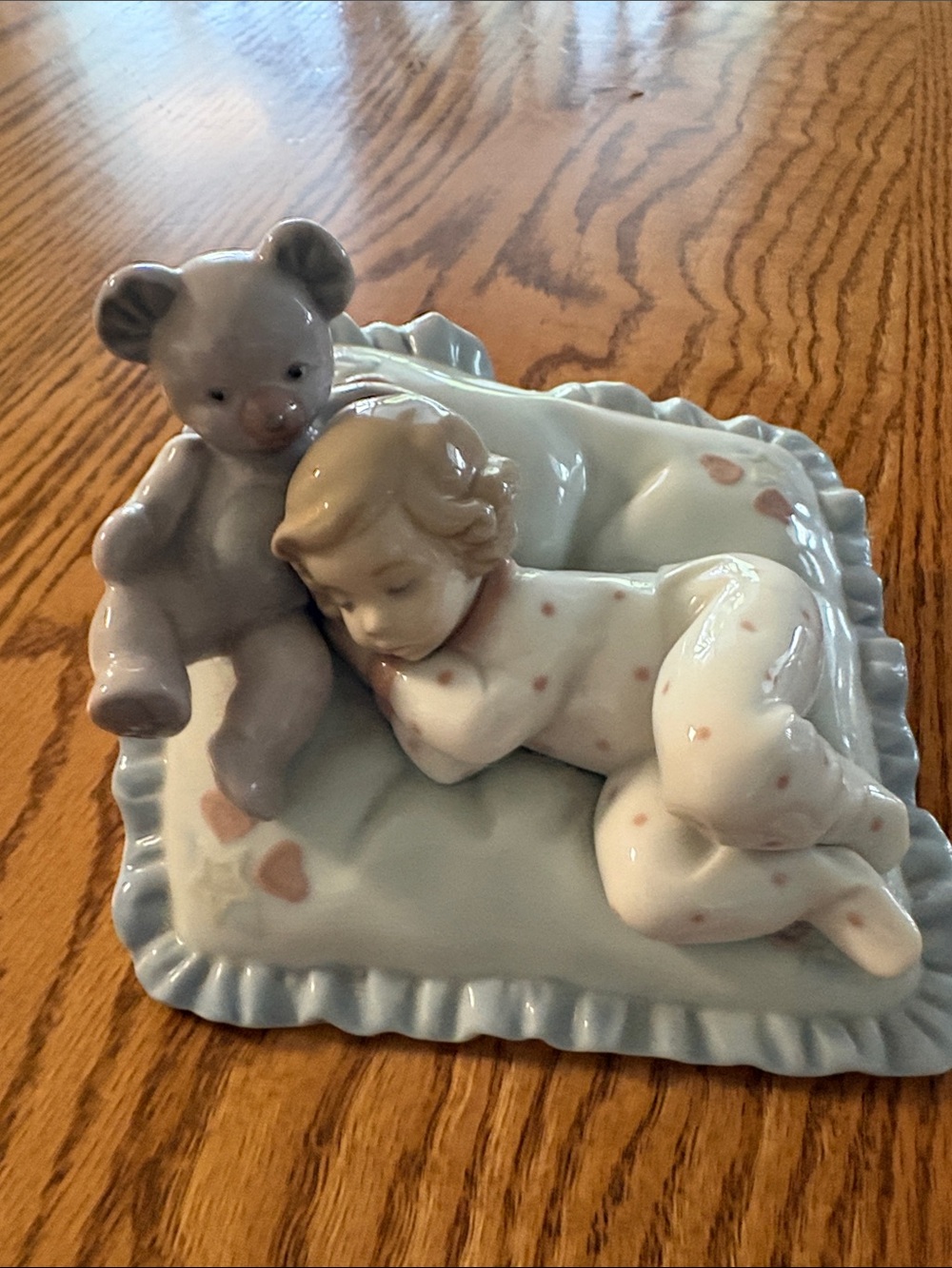 Lladro Porcelain Sleeping Child with Teddy in Light Blue and Beige Accents